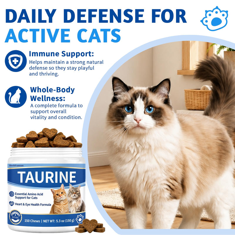 Taurine for Cats Supplement, Pure Cat Taurine Supplement for Heart & Eye Health Support, Immune Boost & Vitality - High Potency 200mg per Tablet - 150 Soft Chewable Delicious Natural Chicken Flavor