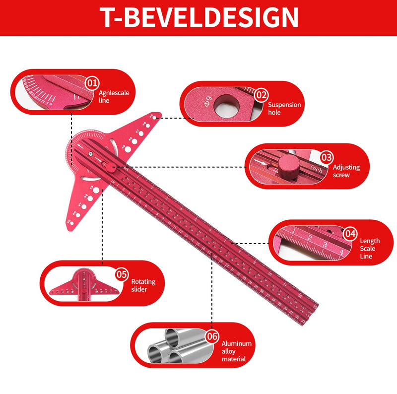13" Woodworking Scriber Marking Line Ruler with Angle Finder, Adjustable Aluminum Alloy Sliding T-Square Ruler(Red) Red