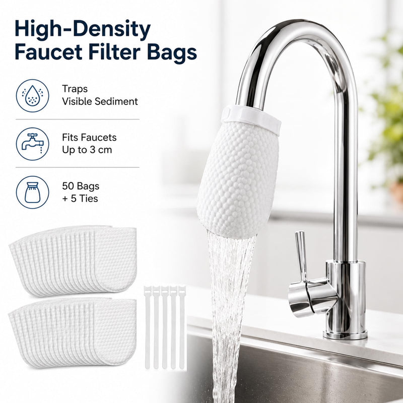 50 Pack Faucet Filter Bags, 3-Layer Sink Tap Filters with Adjustable Strap