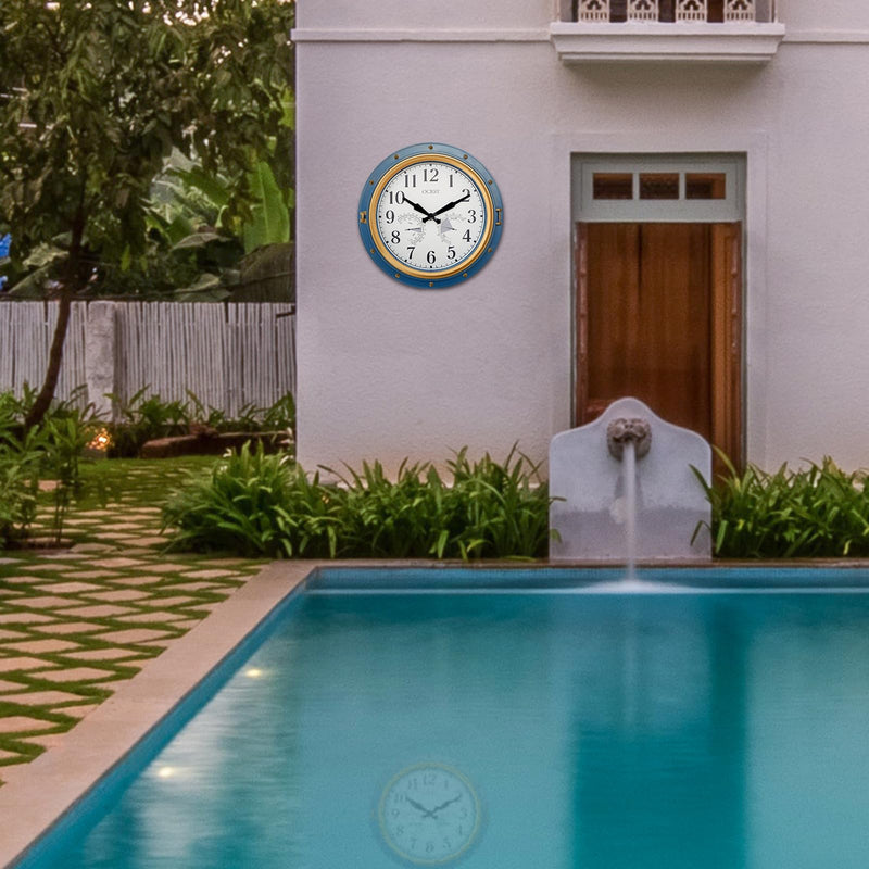 OCEST 16 Inch Indoor Outdoor Clock, Waterproof Wall Clock with Thermometer Hygrometer, Silent Non-Ticking Battery Operated Decor for Home Decor, Patio(Blue) Navy Blue