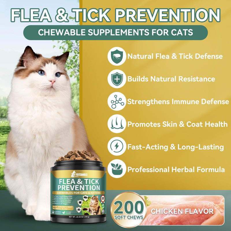 Natural Flea Treatment for Cats Chewables, 200 Soft Treats Flea and Tick Prevention for Cats, Oral Flea Supplement for Kitten Cat, Cat Flea and Tick Treatment, Skin & Coat Support - All Breeds & Ages