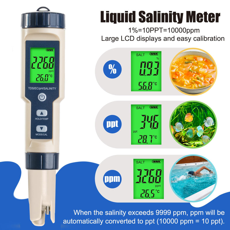 Pool Salinity Tester & pH Meter,Digital 5-in-1 Water Meter (Salt, pH, Temp, EC and TDS) -High Accuracy, Suitable for Swimming Pools, Hot Tubs, Aquariums,Hydroponics and Drinking Water