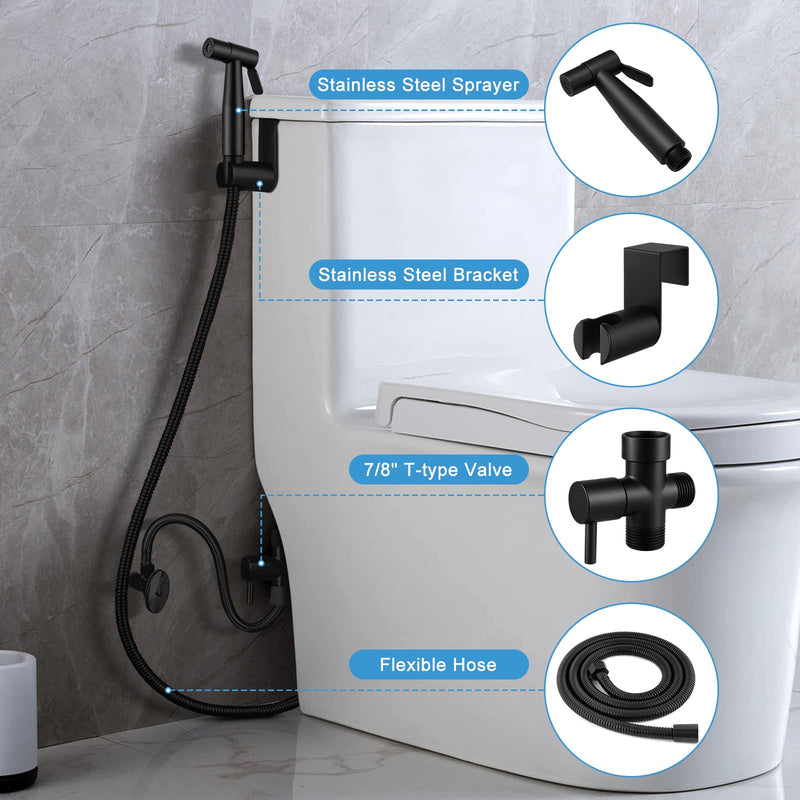 Handheld Toilet Bidet Sprayer, Water Pressure Adjustable Sprayer with Hose and 7/8 "T-Valve, Jet Spray and Soft Spray, for Toilet, Bidet, Shower etc., Stainless Steel, Black