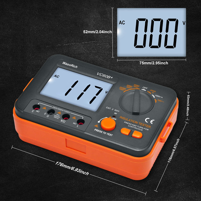 Megohmmeter Insulation Resistance Tester, 1999 Counts Megaohm Meter 200MΩ~2K Megohm Megger with DC250/500/1000V AC750V Testing Voltage, Digital Multimeter Measure with Data Hold Backlit RQ-US-T6-VC60B