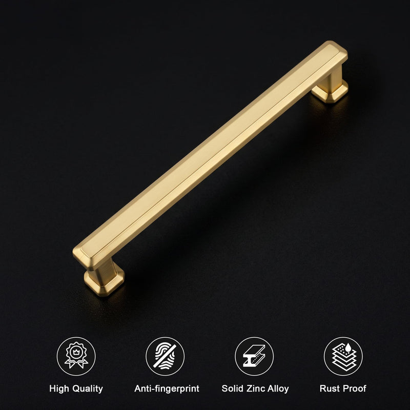 Gobrico 10 Pack 5 Inch (128mm) Hole Center Cabinet Handles, Brushed Gold Kitchen Cabinet Pulls, Brushed Brass Drawer Pulls, Zinc Alloy Solid Cabinet Cupboard Handles, 5-9/16'' Overall Length 5 Inch Hole Center