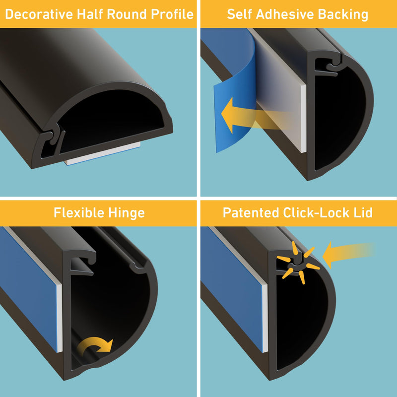 D-Line 157in Cord Hider Kit, Patented Cable Cover, Hide Wires on Wall, Channel for TV Mount Cords, Raceway Wire Hiders, Paintable, Adhesive, Half Round, 10x 0.78in W x 0.39in H x 15.7in L, Black 0.78in (W) x 0.39in (H)