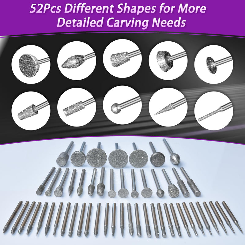 52Pcs Diamond Grinding Bit Polishing Kit Compatible with Dremel, Stone Carving Set Diamond Bits 1/8" (3mm) Shank Accessories for Stone Glass Ceramics Carving, Polishing, Grinding 52PCS