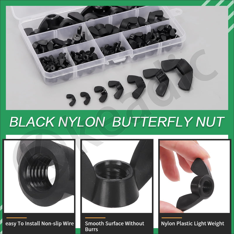 Keadic 110Pcs Nylon Metric Wing Nuts Assortment Set, M3 M4 M5 M6 M8 M10 M12 Hand Twist Tighten Ear Butterfly Nut Wingnuts for Home Building Industry (Black) Black