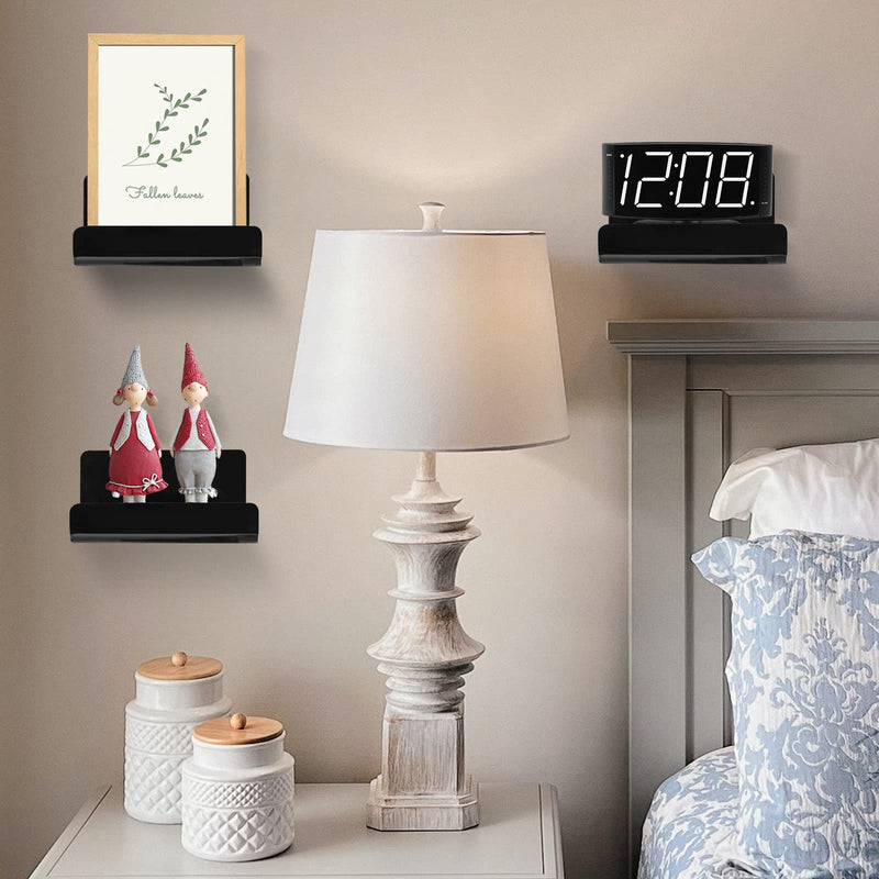 3 Pack Acrylic Small Floating Shelf for Wall Storage,4'' Mini Adhesive Shelf for Living Room,Bathroom,Bedroom,(Adhesive&Drilling) Black