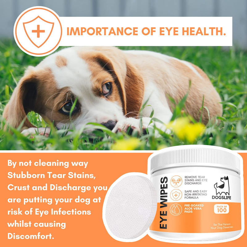 Dog Eye Wipes | Safe & Easy Cleaning Eye Wipes for Dogs | Remove Tear Stains, Dog Eye Crust & Eye Discharge | Pack of 100 | Soothing Aloe Vera Formula!