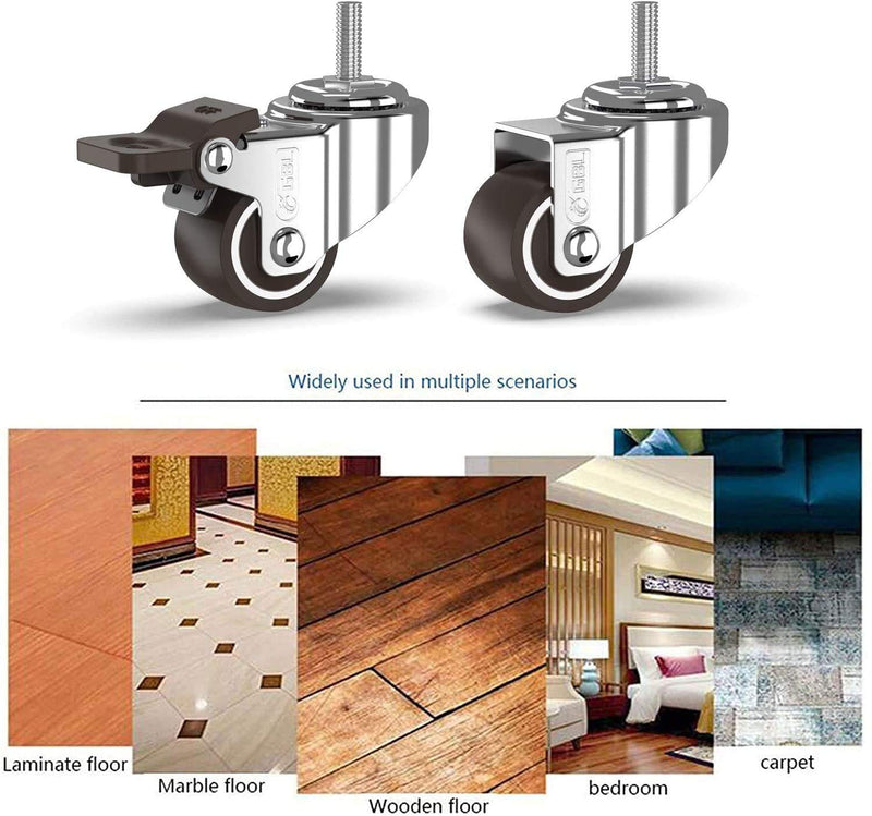 GBL 1" inch Small Caster Wheels with 2 Brakes -1/4" -20 x 3/5" (Stem Dia. 1/4", Length 3/5") - 90Lbs - Low Profile Castor Wheels with Brakes - Set of 4 No Floor Marks Silent Casters - Mini Wheels