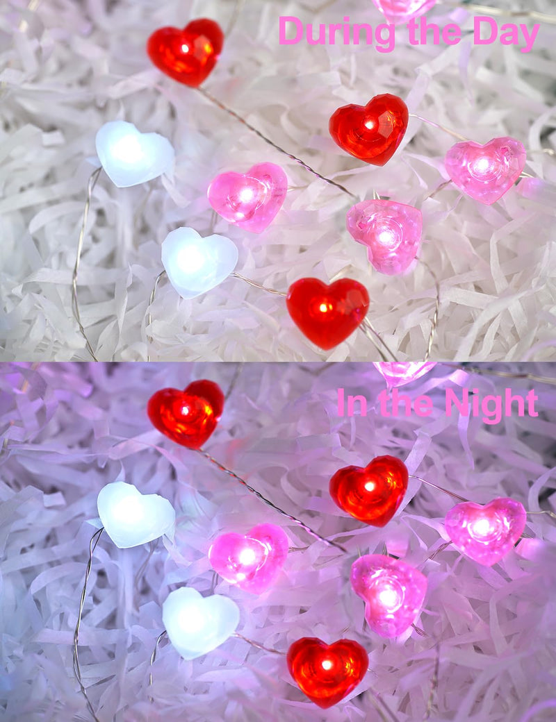 Valentines Day Decor 10 ft 40 LEDs Red White Pink Heart String Lights Battery Operated Garland Valentines Day Lights with Timer Valentines Day Decorations for The Home Indoor Mother's Day Red White and Pink