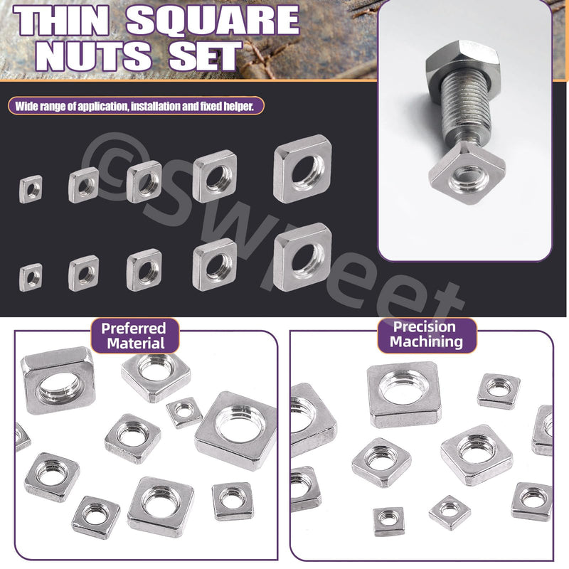 Swpeet 90Pcs 5 Sizes M3 M4 M5 M6 M8 304 Stainless Steel Metric Coarse Thread Square Nuts Assortment Kit, Machine Screw Nuts Metric Coarse Thread for Home Automotive Shop Use