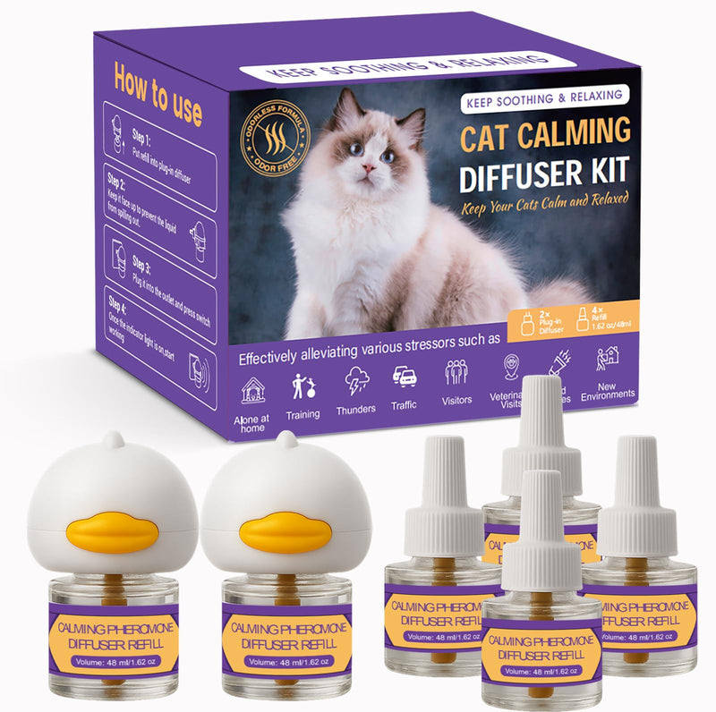 Cat Calming Pheromone Diffuser Kit – 2 Plug-Ins & 4 Refills (48ml), Cat Anxiety & Stress Relief, Multi Cat Calming Diffuser, Reduces Fighting, Spraying, Scratching & Aggression, Drug-Free for All Cats purple