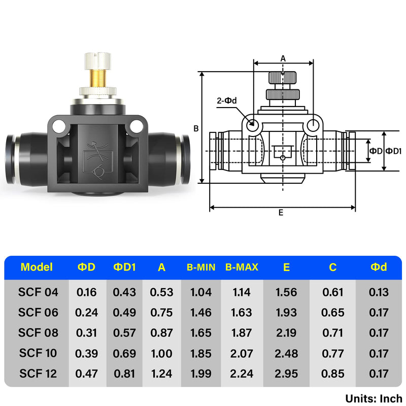 TAILONZ PNEUMATIC 8mm Tube OD Air Flow Control Valve with Push-to-Connect Fitting, in-Line Speed Controller Union Straight SCF-8 (Pack of 5)