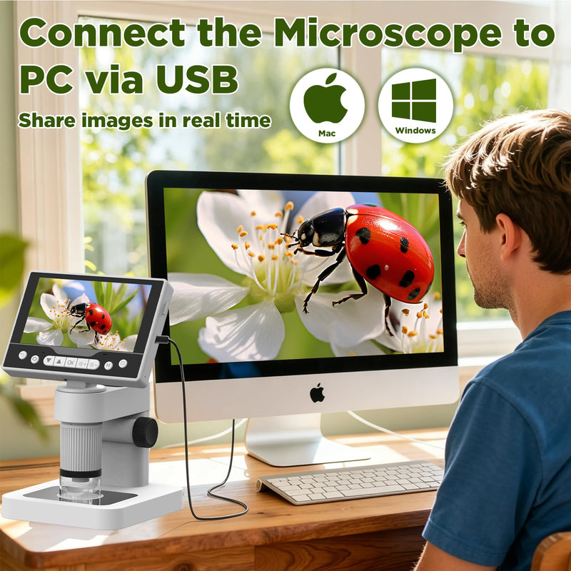 Digital Microscope, 12MP 1080P Handheld Microscope with 8 Adjustable LED Lights, 5" LCD Screen Coin Microscope 1000X, USB Microscope for Windows/MacOS, White