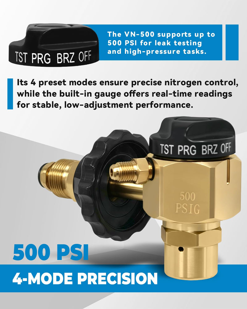 VN-500 Nitrogen Purge Control Valve Regulator w/500 PSI Flow Meter 4-Position Flow Control (TST/PRG/BRZ/OFF) Heavy-Duty Brass Body Hybrid Design Nitrogen Purging Regulator for Leak Testing