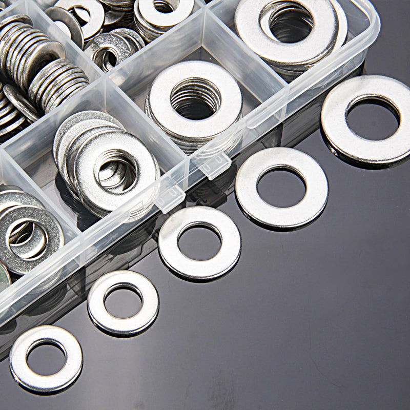 Linkup 550 Pcs SAE Flat washers for Screws for Bolts 2# 4# 6# 8# 10# 12# 3/16'' 1/4'' 5/16'' 3/8'' 7/16'' 1/2'',(18-8) 304 Stainless Steel washers Assortment kit, ANSI/ASME B18.22.1 Metal Washers Set SAE 550pcs set