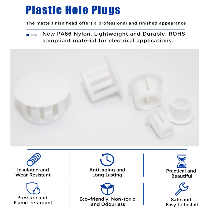 300 PCS 5 Sizes Plastic Hole Plugs White 3/16, 1/4, 5/16, 3/8, 1/2 Inch Round Hole, Snap in Knockout Locking Flush Type Furniture Hardware Kitchen Cabinet Cupboard Shelves Screw Covers Caps 5 Sizes, White((3/16“-1/2”, 300 PCS)