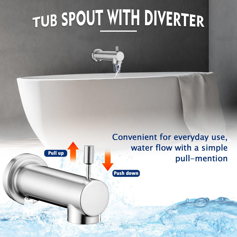 Slip on Extra Long Tub Spout with Diverter Universal Tub Diverter Spout for 1/2" Copper Water Pipe, Brushed Nickel