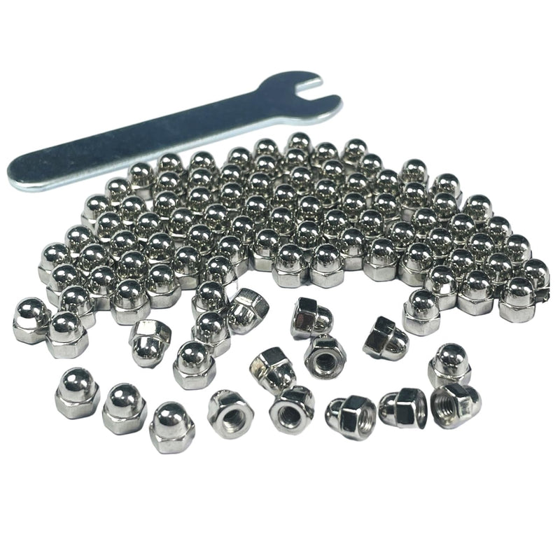 100pcs M3-0.5 Acorn Cap Nuts,M3-0.5 Cap Nuts,Acorn Hex Cap Dome Head Nuts,Dome Nuts,304 Stainless Steel Acorn Nuts,Hardware Nuts,18-8,Bright Finish with Open End Wrench