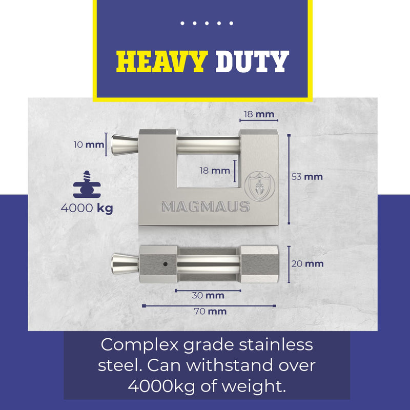 Magmaus® RTL70 Heavy Duty Lock for Shipping Container - [Weatherproof] - Secure Outdoor Lock for Storage Unit, Gate, Shed, Fence, Door - 3 Keys 70 mm 1 Pack - 3 Keys Silver