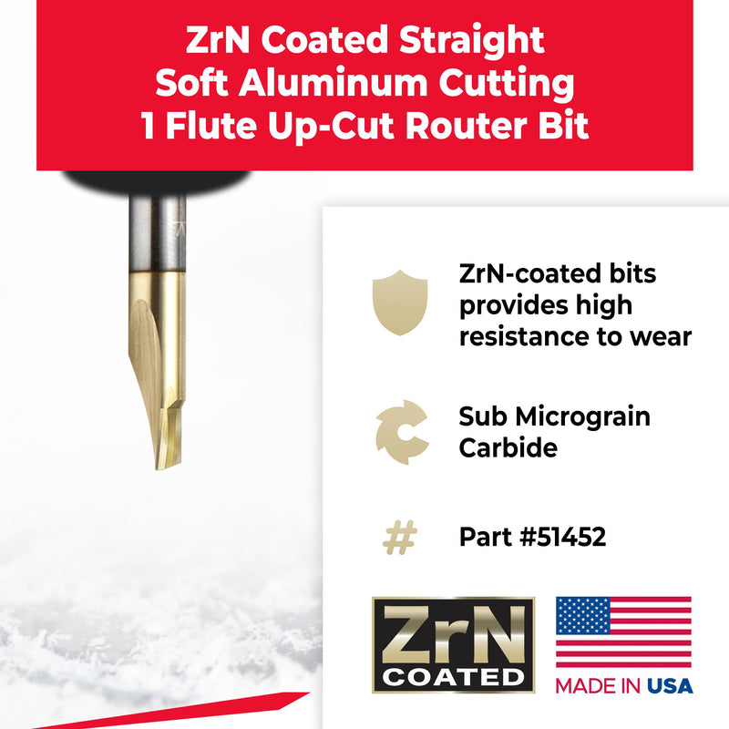 Amana Tool Solid Carbide Soft Aluminum Cutting Up-Cut (Up Shear) Router Bit, ZrN Coated, 51452, 1/4 D x 1/4 CH x 1/4 SHK x 2 Inch Long x 1 Flute