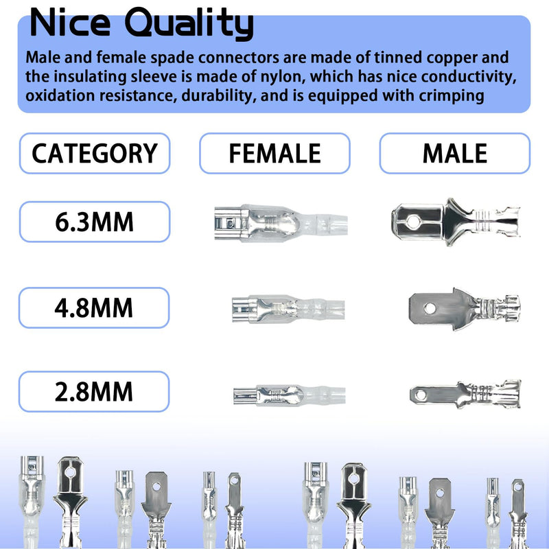 320PCS 2.8/4.8/6.3mm Spade Wire Terminal Connectors Male and Female Crimp Speaker Wire Connector with Insulating Sleeve for Car Audio Speaker Wiring WW003