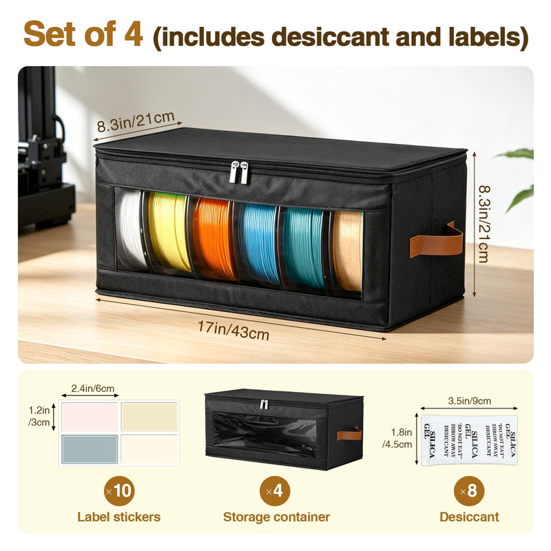 4 Pack Foldable Filament Storage Box, 3D Printer Filament Containers with Transparent Window, Desiccants & Labels, Holds 24 Rolls, Water-Resistant Organizer for Home Office Workshop Studio 4