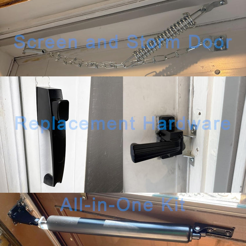 Pneumatic Door Closer Kit for Screen and Storm Doors, Includes Push Button Latch and Protector Chain Spring (Black All-in-One, 1 Set) Black All-in-One 1.0