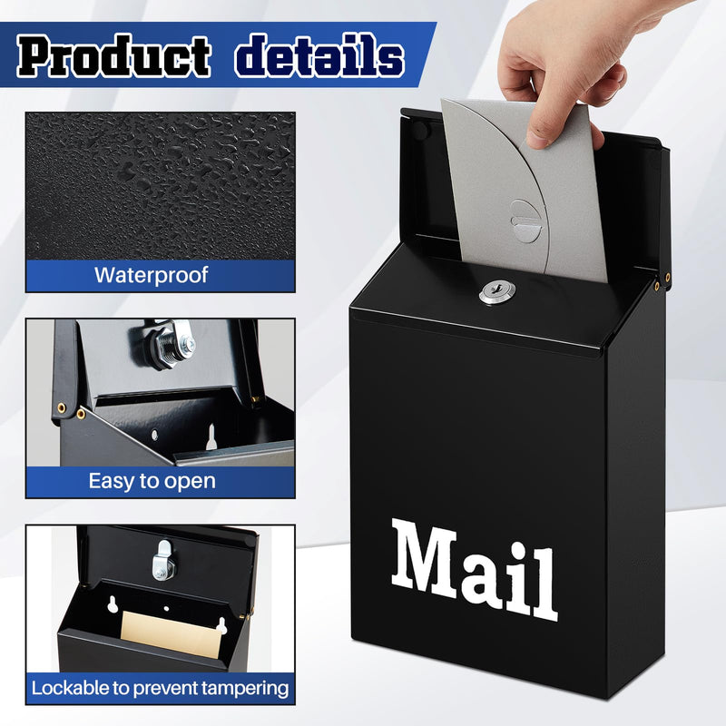 10 x 7 x 3 Inch Mailboxes for Outside Wall Mount Mailbox Black Classic Galvanized Steel Mailbox Rust-Proof Mailbox with Lock Porch Mailbox Safe Key Drop Box Cash Box for Home Office