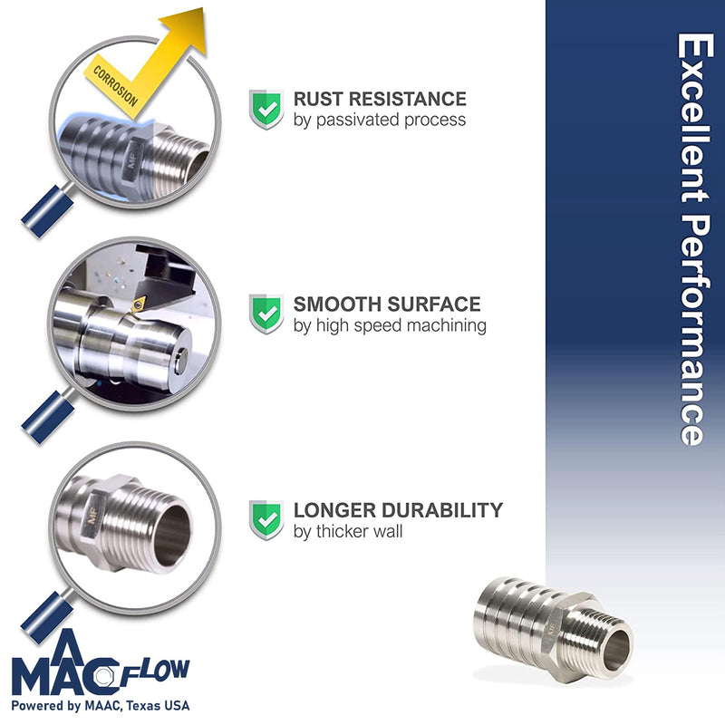 MAACFLOW Stainless Steel 1/8" Male NPT to 5/16" Hose ID Barb Barbed Hose Fitting Adaptor Connector (Pack of 2) 5/16" Barb x 1/8" Male NPT Pack of 2