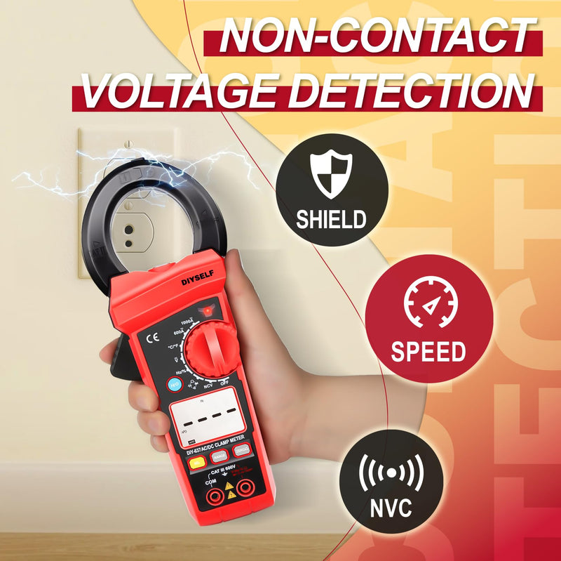 DIYSELF 6000 Counts Digital Clamp Meter, True RMS AC/DC Voltage Tester, Amp Meter Capacitance Meter, Resistance Continuity Tester, Professional Multimeter with Test Leads Pouch and Batteries
