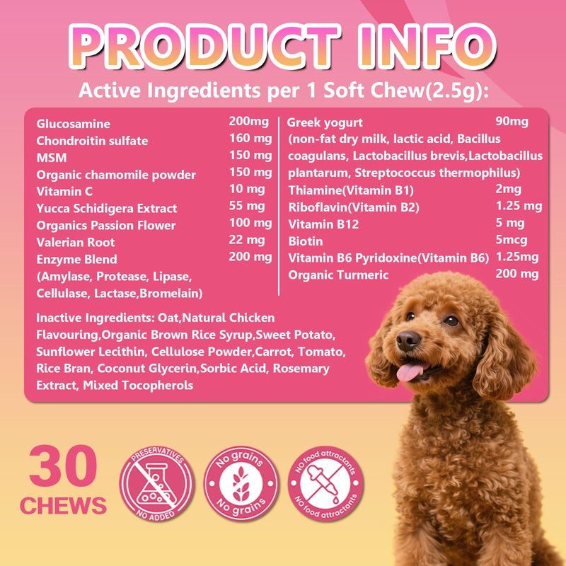 26-in-1 Dog Multivitamin Chews – Glucosamine, MSM & Chondroitin for Joints, 6-Strain Probiotics for Gut, Calming Chamomile & Valerian, Immune Support, Chicken Flavor (30 Count) ND-015