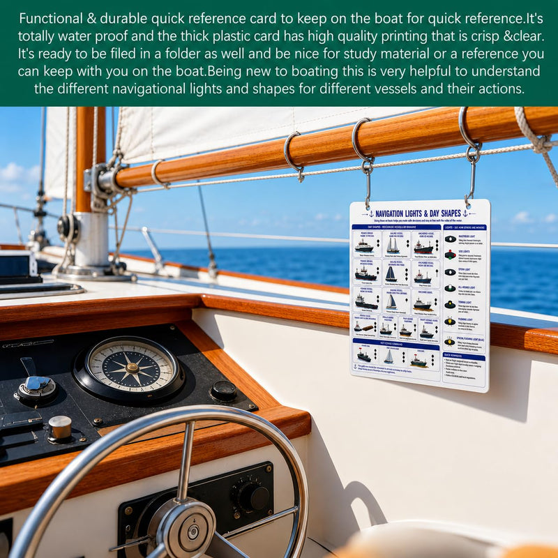 Nighttime Navigation Reference Quick Card for Boat Cockpit or Pilot House,Waterproof Visual Navigation Guide for Lights, Shapes, and Coast Guard Rules 11.02" x 8.46"