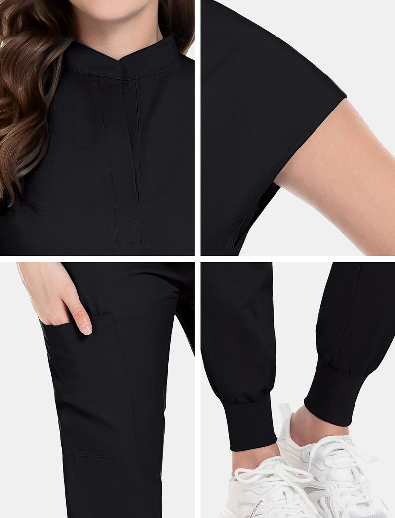niaahinn Scrubs Set for Women Nurse Uniform Jogger Suit Stretch Top & Pants with Multi Pocket for Nurse Esthetician Workwear Black Large