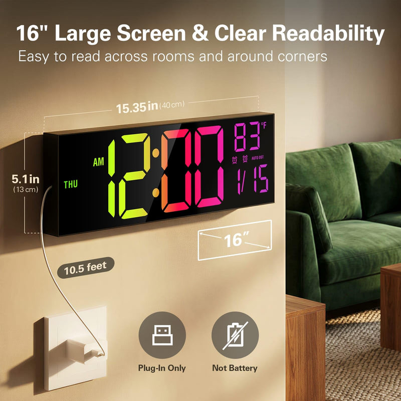 JALL 16.15 inch Large Digital Wall Clock, RGB Lights with Remote Control, Dual Alarms with Big LED Display, Auto DST, C° / F° Temperature for Classroom, Birthday Gift, Senior Black 16 inches