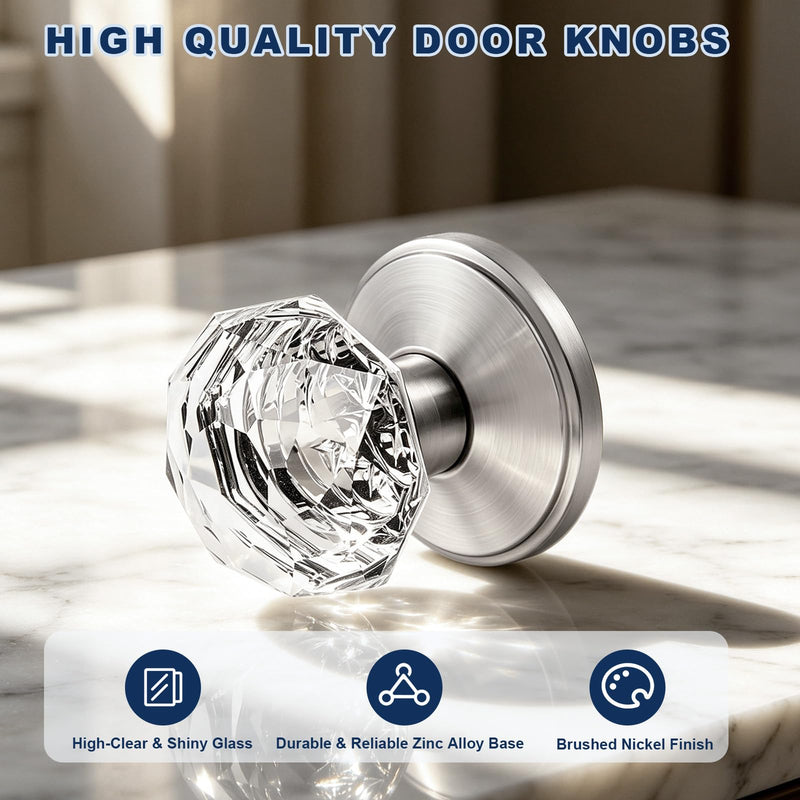 Orger Dummy Door Knobs, Modern Glass Door Knobs Brushed Nickel, Keyless Door Handles Interior Zinc-Alloy Heavy Duty for Closet Hallway 1 Pack Dummy Pro Stain Nickel