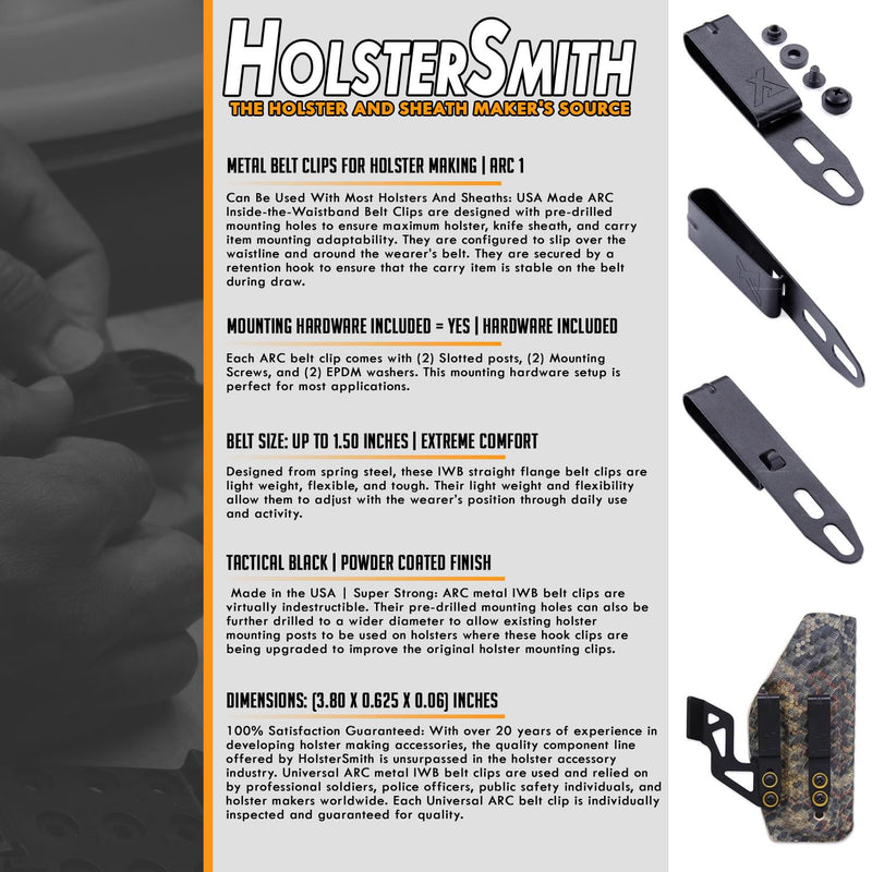HolsterSmith Universal Metal Belt Clips for Holster Making - (ARC Series) - (Powder Coated Finish) - (Tactical Black) - (Fits Belt Sizes 1.50 & 1.75 Inches) (1.50 Inch) - (1 Pack) ARC 1 - (w/Mounting Hardware)