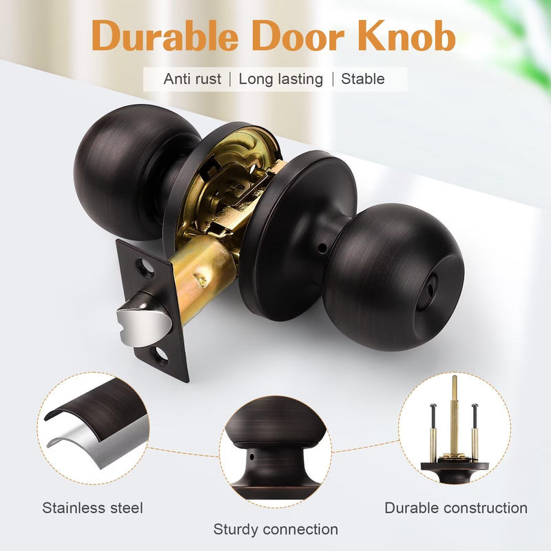 Probrico 3 Pack Round Ball Interior Door Knobs, Privacy Oil Rubbed Bronze Door Knobs, Door knobs Interior with Lock for Bathroom Bedroom