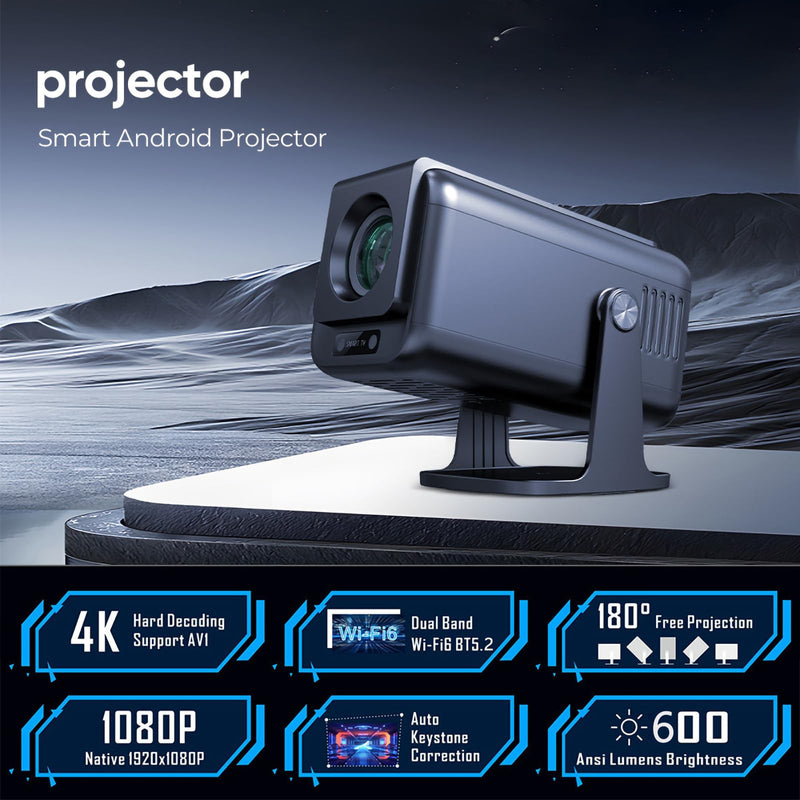 Mini Projector with Wifi 6 and Bluetooth 5.3, Portable Projector with 600 ANSI Lumens/ 5W Speaker/150“ Screen/Auto Keystone, 4K Movie Proyector for Outdoor Use, Home Cinema Smart Projector with APPS