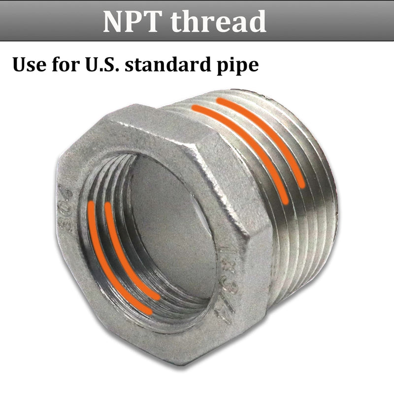 2 Pcs Reducer Hex Bushing, 304 Stainless Steel 1" Male NPT to 3/4" Female NPT（ 1"MNPT - 3/4"FNPT） Pipe Fitting Hex Bushing, Heavy Duty Pipe Fitting Reducer Adapter 1" - 3/4"