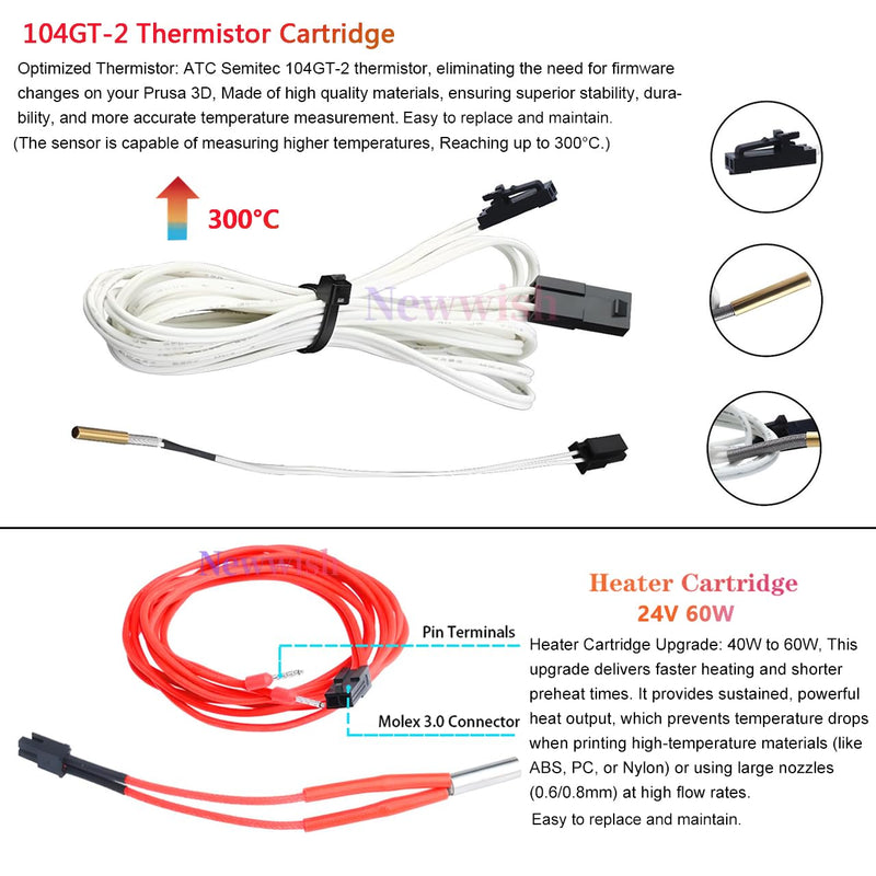 Prusa i3 MK3S+ Hotend 24V 60W Upgrade Kit for Prusa i3 MK3,MK3S,MK3S+3D Printer V6 Hotend 24V Replacement Parts,V6 Bi-Metal Heatbreak,V6 Brass Nozzle 0.4mm,Heater Block Aluminum. Prusa MK3 Hotend Brass Nozzle Kit