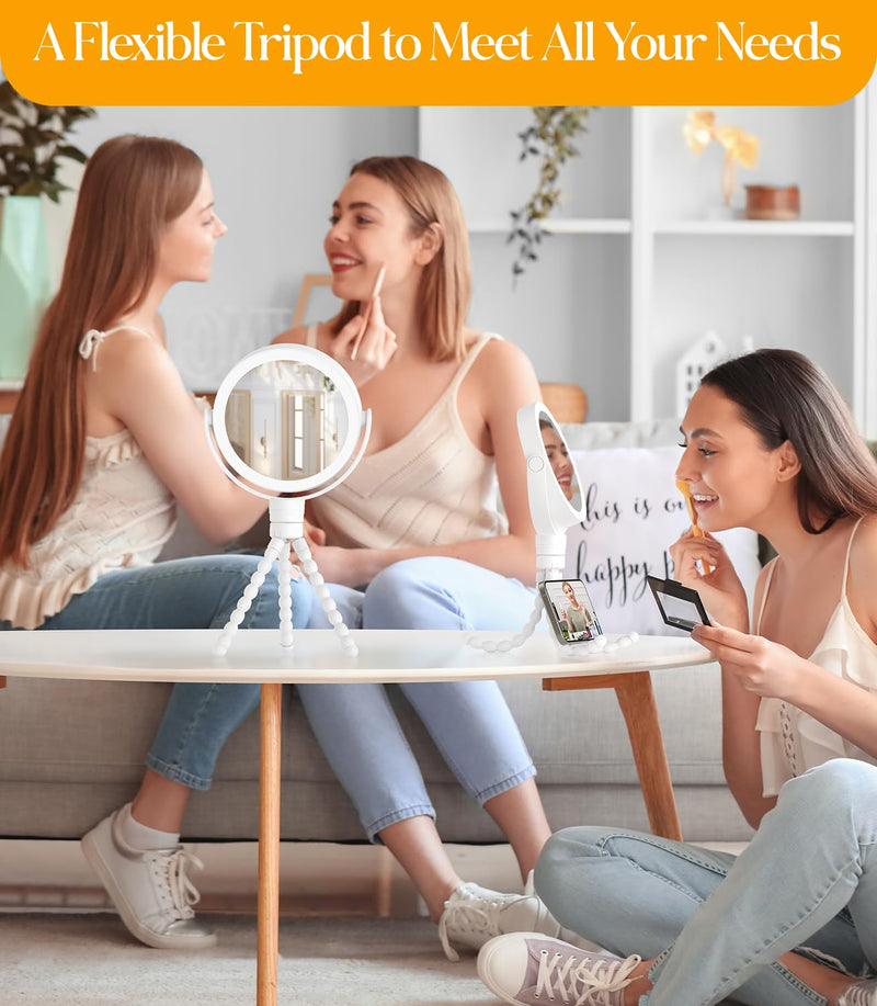 Gospire 5.85” Tripod Travel Makeup Mirror with Lights and Magnification 1X/10X, 4 in 1 Winding Hanging Handheld Tabletop, 3 Light Colors and Adjustable Brightness – White