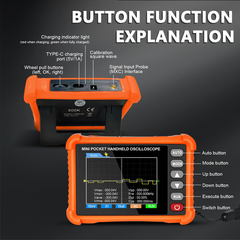 Digital Handheld Oscilloscope with Probe Kit, Portable Lab Automotive Oscilloscopes with 2.8 Inch TFT Screen, 500kHz Bandwidth, 2.5MS/s Sampling Rate, 3 Trigger Function, USB Rechargeable Oscillograph
