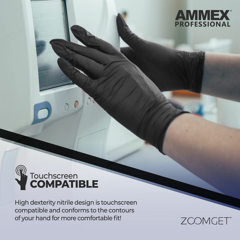 AMMEX Black Nitrile Exam Gloves, Box of 100, 3 Mil, Size Large, Latex Free, Powder Free, Textured, Disposable, Non-Sterile, Food Safe, ABNPF46100BX Large (Pack of 100)