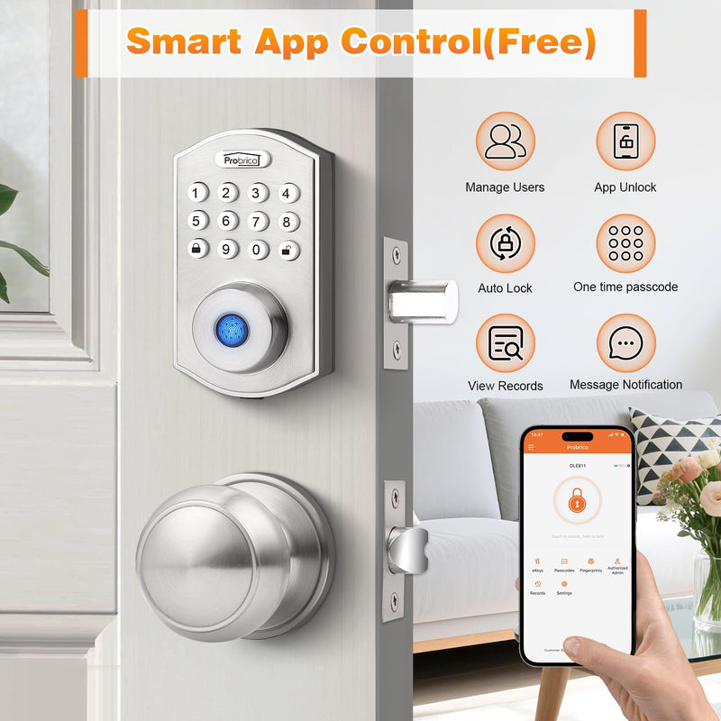 Probrico Smart Keyless Entry Door Lock with Knob Set, Fingerprint Digital Door Lock for Front Door, Door Knob with Electronic Keypad Deadbolt Lock, Auto Lock, App, Satin Nickel