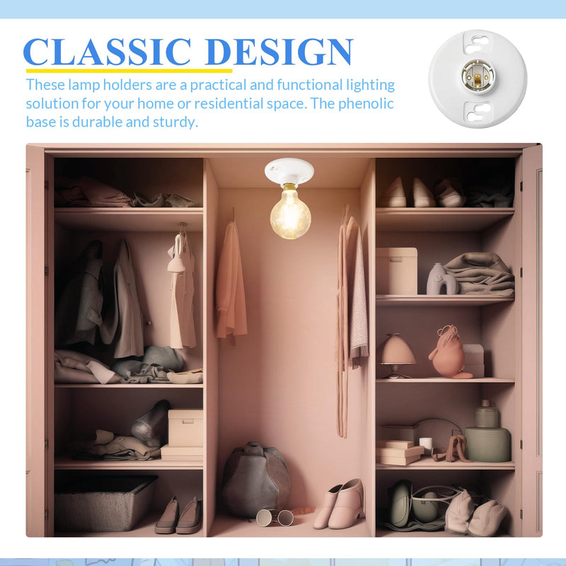 4 Pcs Medium Base E26 Lampholder Keyless Top Lamp Holder Ceiling Light Sockets White Phenolic Bulb Socket Incandescent Fluorescent CFL Lampholder 660w 250v 4