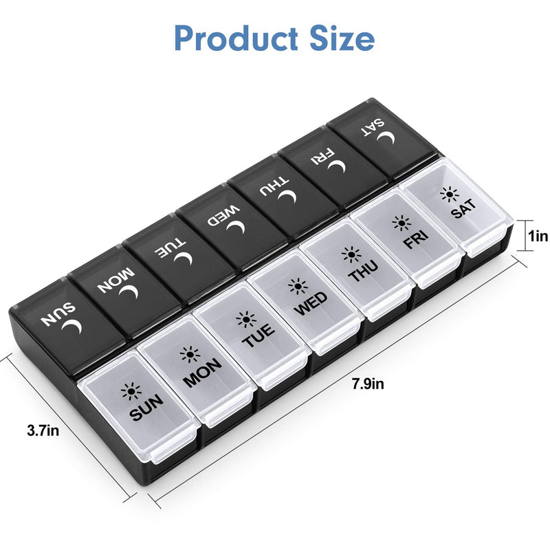 7 Day Pill Organizer 2 Times a Day, Large Weekly AM PM Pill Box, Day Night Medicine Organizer, Pill Case Twice A Day, Pill Container Black and White