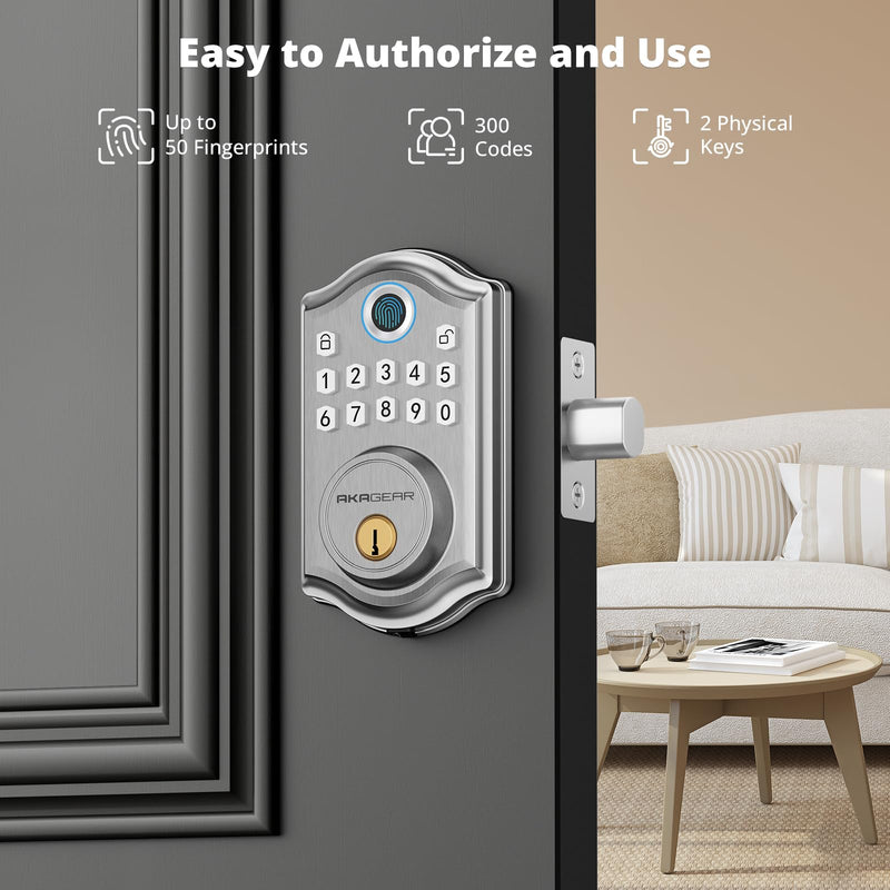 DS10 Keyless Entry Door Lock with Fingerprint, Electronic Keypad, 2 Keys, Auto-Lock & One Touch Locking, Easy Installation, Satin Nickel